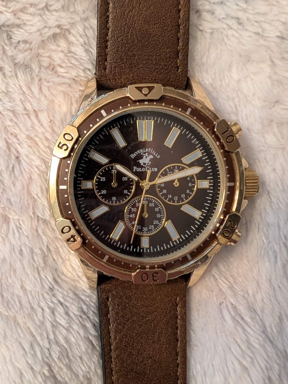 Working Beverly Hills Polo Club Gold Tone Watch with Brown Leather Strap
